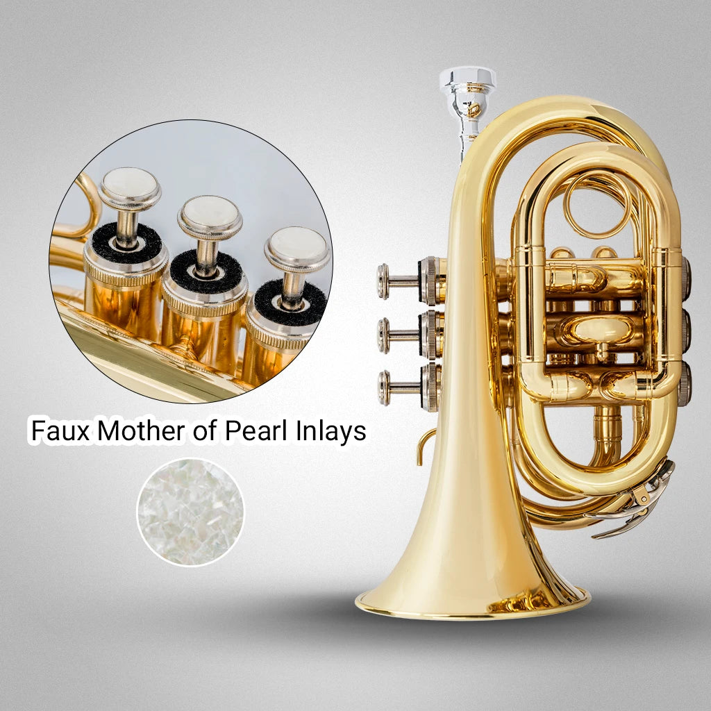 NAOMI Mini Pocket Trumpet Flat B Bb Brass Wind Instrument Travel Trumpet with Quality Lacquer Finish Exclusive Mouthpiece