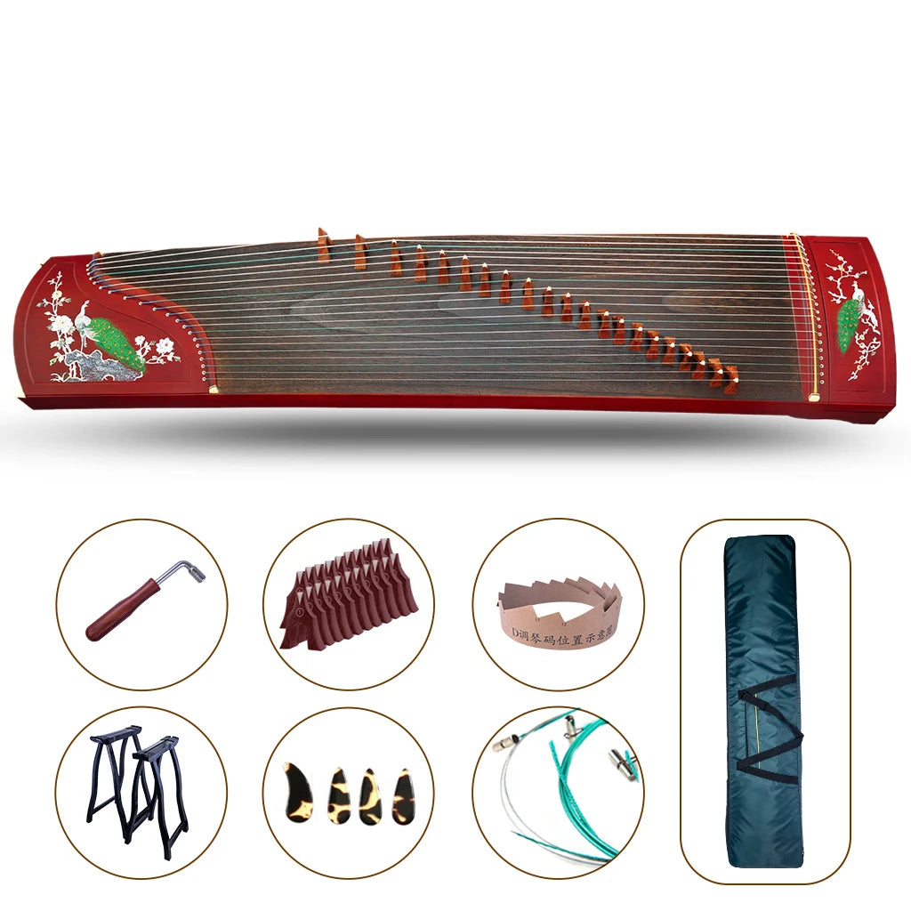 NAOMI Standard 21-String Guzheng Peacock Carved Rosy Sandalwood Chinese Zither Koto Professional Cutlers W/ Precise Workmanship