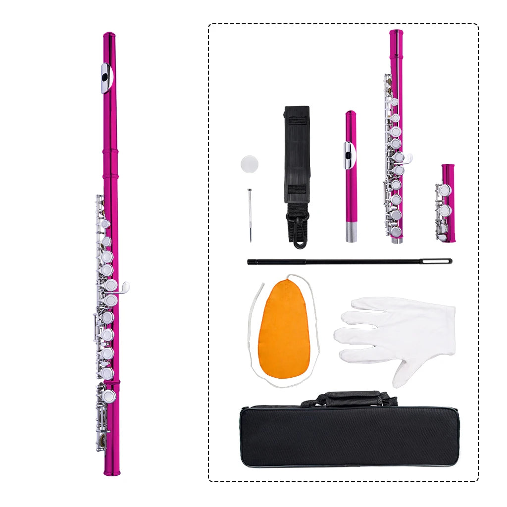NAOMI 16 Holes Cupronickel Flute C Set w/ Lightweight Waterproof Carrying Bag+Adjustable Shoulder Strap+Gloves+Joint Grease+Tuning Rod