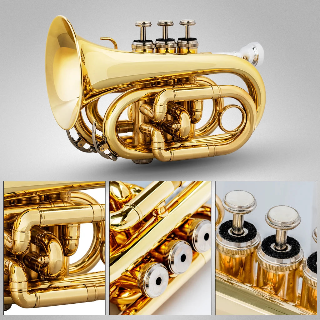 NAOMI Mini Pocket Trumpet Flat B Bb Brass Wind Instrument Travel Trumpet with Quality Lacquer Finish Exclusive Mouthpiece