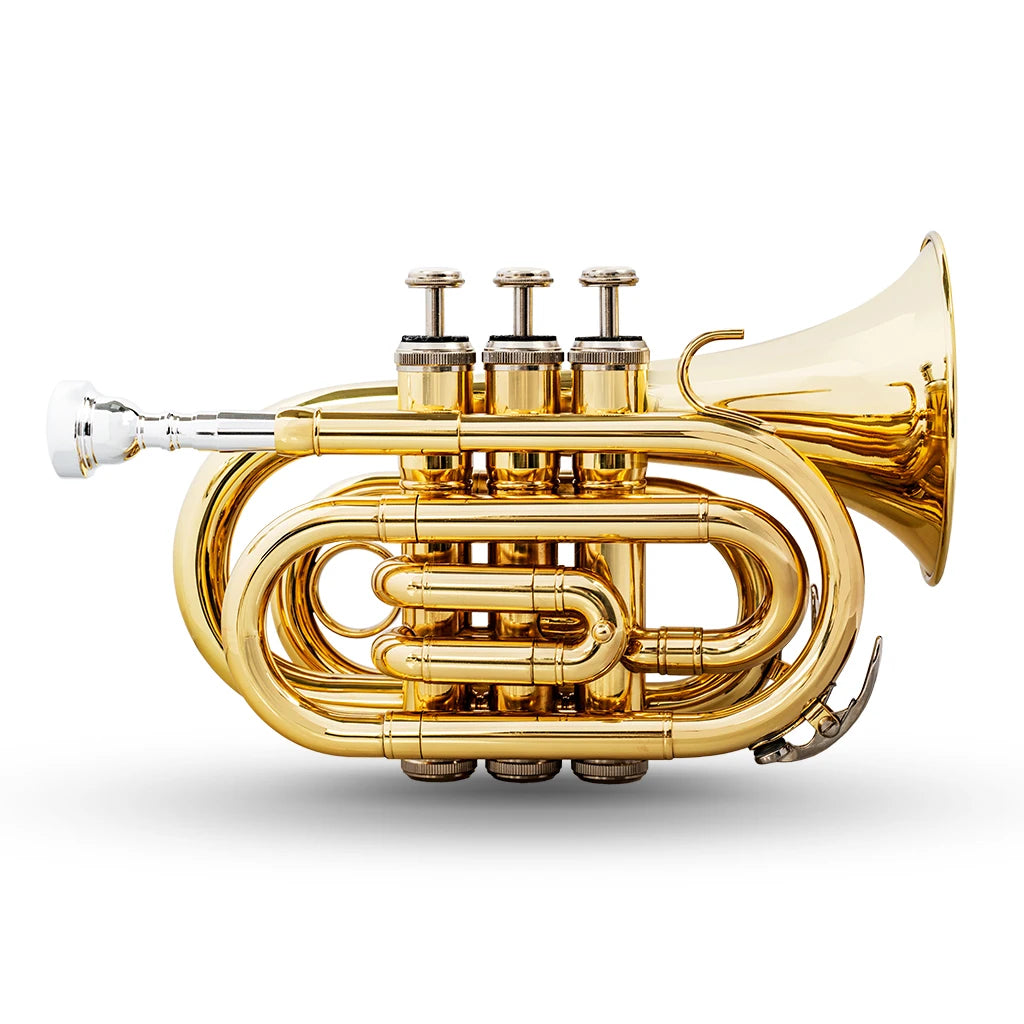 NAOMI Mini Pocket Trumpet Flat B Bb Brass Wind Instrument Travel Trumpet with Quality Lacquer Finish Exclusive Mouthpiece