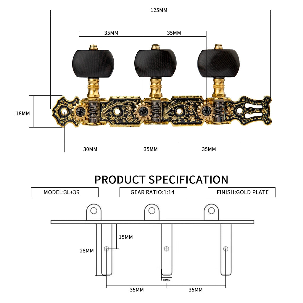 Alice 020HV Series Classical Guitar String Tuner Golden Plated Tuning Keys Machine Head Ebony Buttons Nice Flower Carved