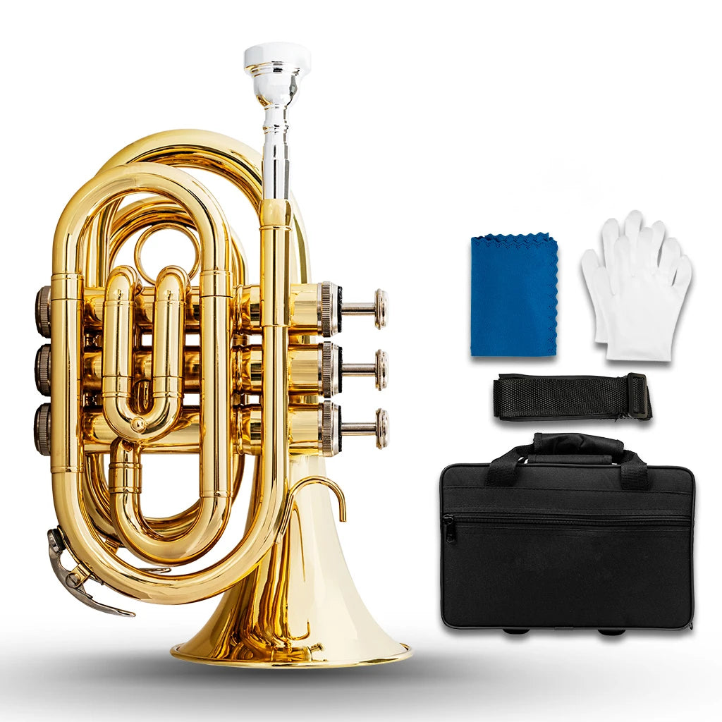 NAOMI Mini Pocket Trumpet Flat B Bb Brass Wind Instrument Travel Trumpet with Quality Lacquer Finish Exclusive Mouthpiece