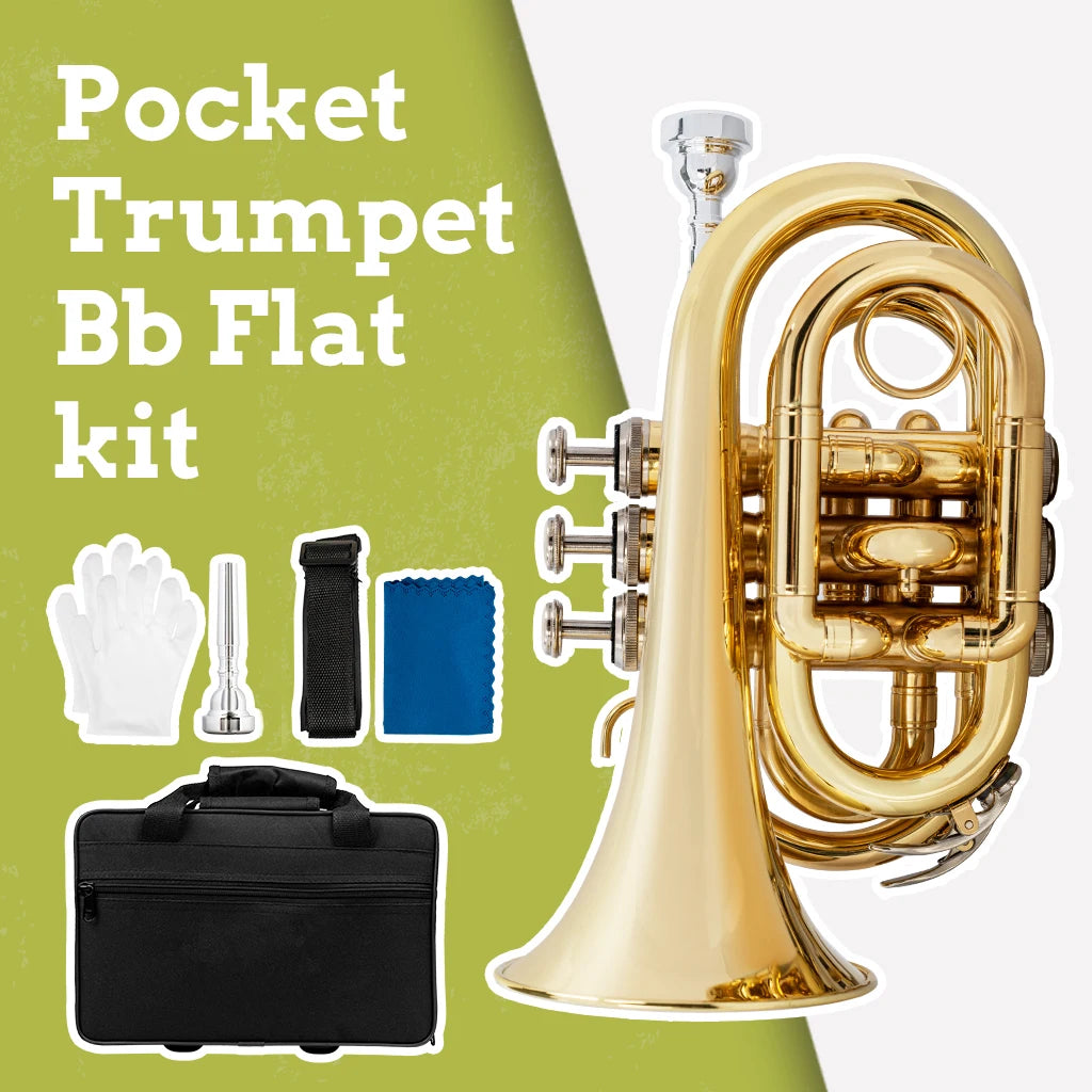 NAOMI Mini Pocket Trumpet Flat B Bb Brass Wind Instrument Travel Trumpet with Quality Lacquer Finish Exclusive Mouthpiece