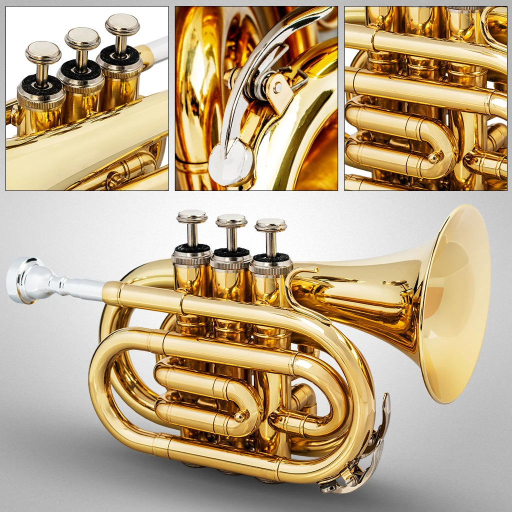 NAOMI Mini Pocket Trumpet Flat B Bb Brass Wind Instrument Travel Trumpet with Quality Lacquer Finish Exclusive Mouthpiece