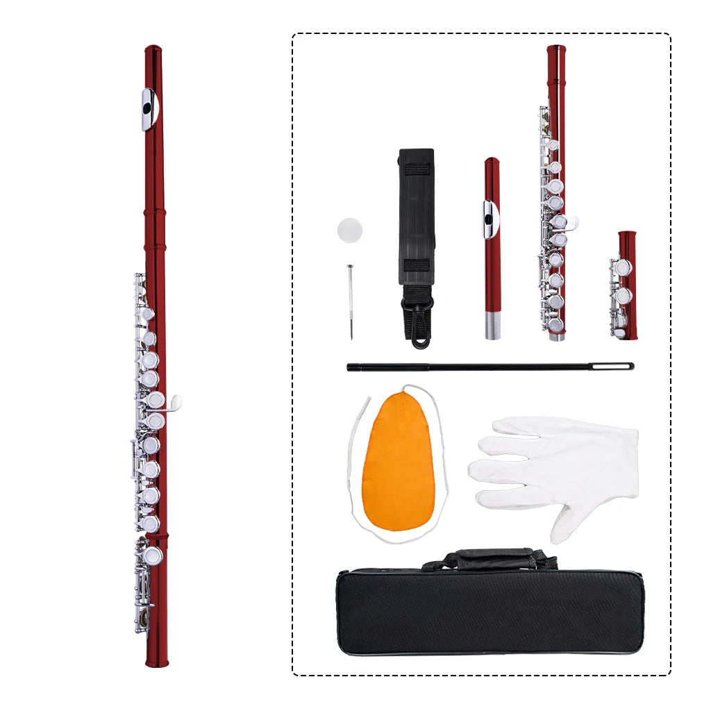 NAOMI 16 Closed Holes C Flute Cupronickel Nickel-Plated Concert Flute Instrument w/Carring Case+Tuning Rod And Gloves+Joint Grease