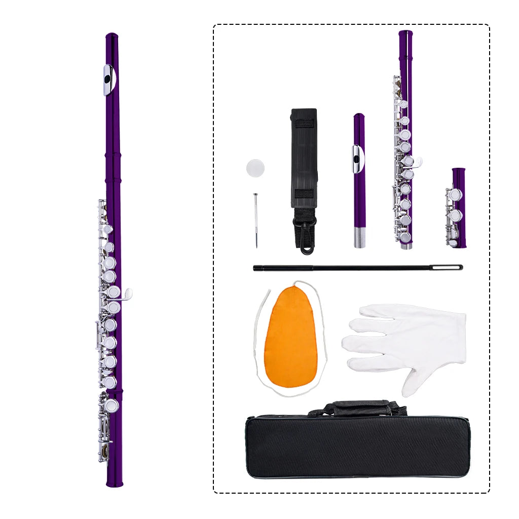 NAOMI 16-key Design C Flute 16-key Nickel-plated Flutes Sets w/Hard Case+Gloves+Cleaning Rod And Cloth For Beginners