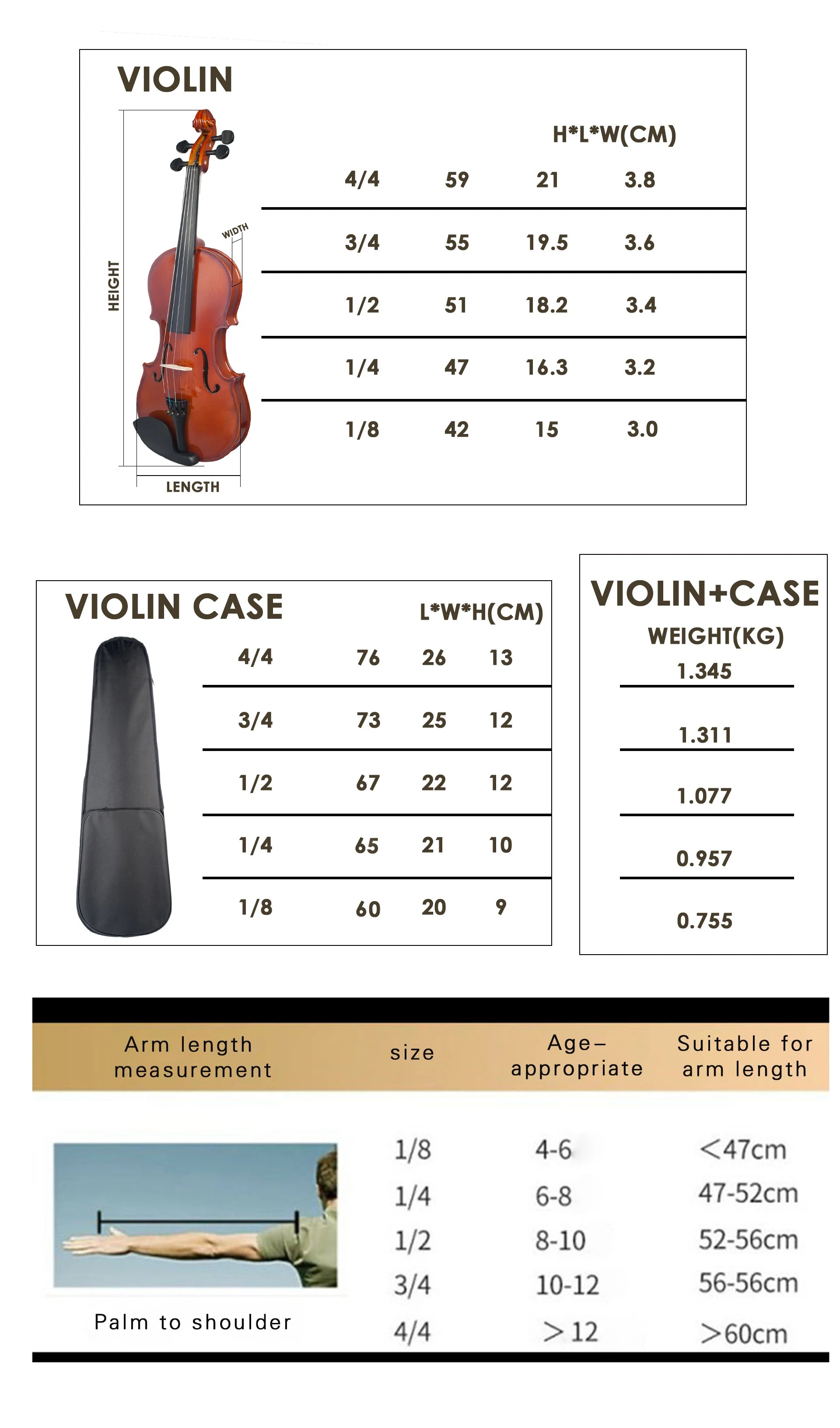 NAOMI Matte Natural Color 4/4-1/8 Acoustic Violin Set w/ Violin Strings+Case+Rosin+Tuner+Bow+Mute+Shoulder Rest+Bridge