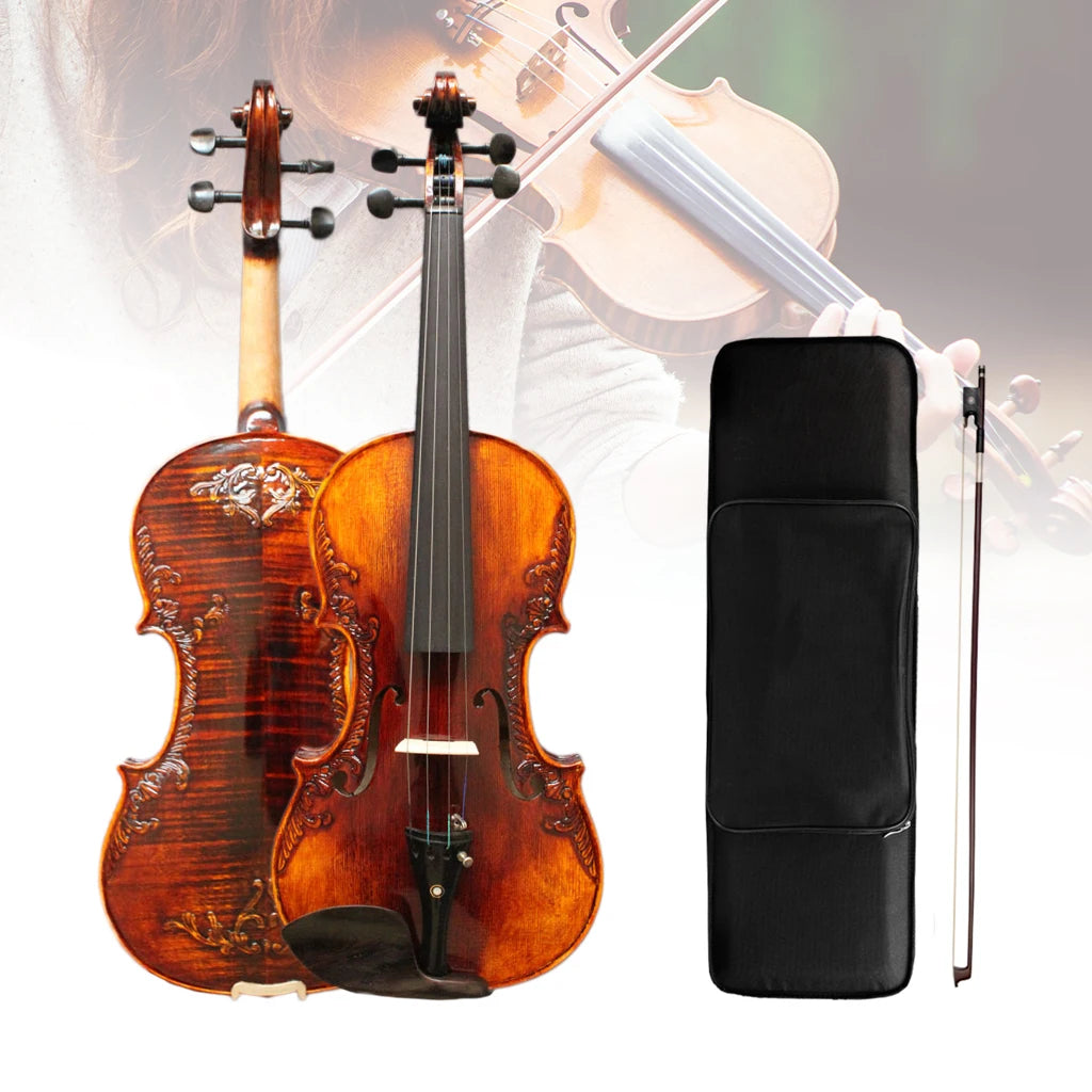 NAOMI Violin Carved Pattern Strad Style Fiddle Handmade Craft Baroque 4/4 Violin W/ Bow Bridge Strings Case Rich Tone