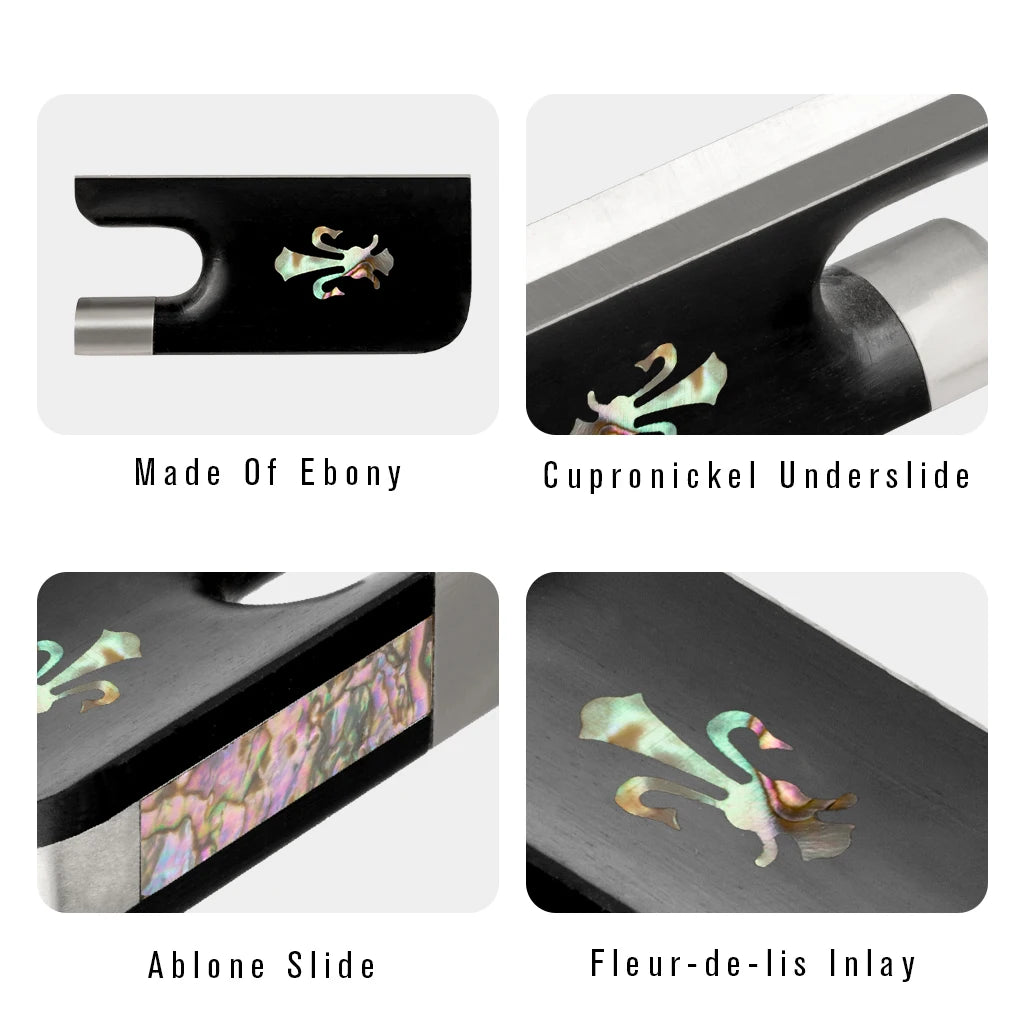 NAOMI Cello Bow Ebony Frog W/Fleur-de-lis Inlay & Abalone Slide Sterling Silver Mounted Ferrule Cello Bow