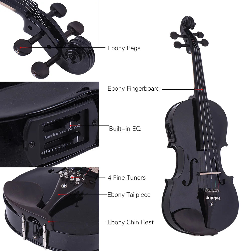 HOT Full Size 4/4 Acoustic Electric Violin Fiddle Solid Wood Body Fingerboard Pegs Tailpiece Shoulder Rest 4/4 Arco Fiddle SET