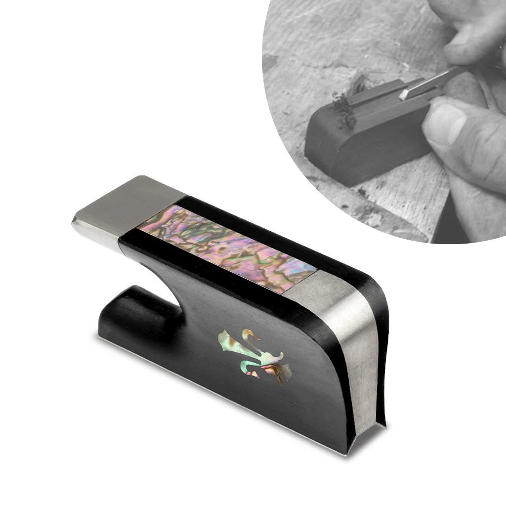 NAOMI Cello Bow Ebony Frog W/Fleur-de-lis Inlay & Abalone Slide Sterling Silver Mounted Ferrule Cello Bow