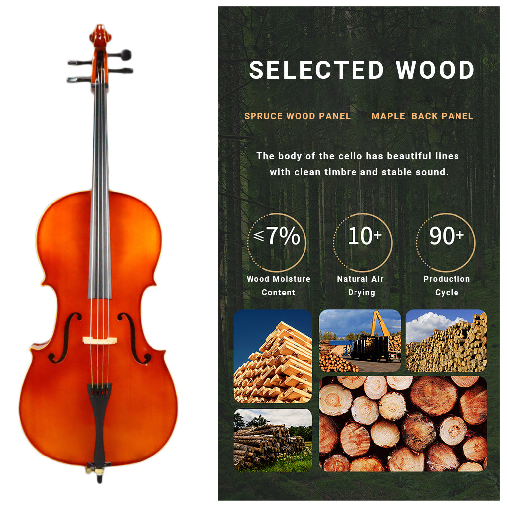 NAOMI 4/4 3/4 1/2 1/4 1/8 Size Solid Cello Spruce Top Face Board Maple Back Brazilwood Bow Rosin Gig Bag + Carry Cello Case