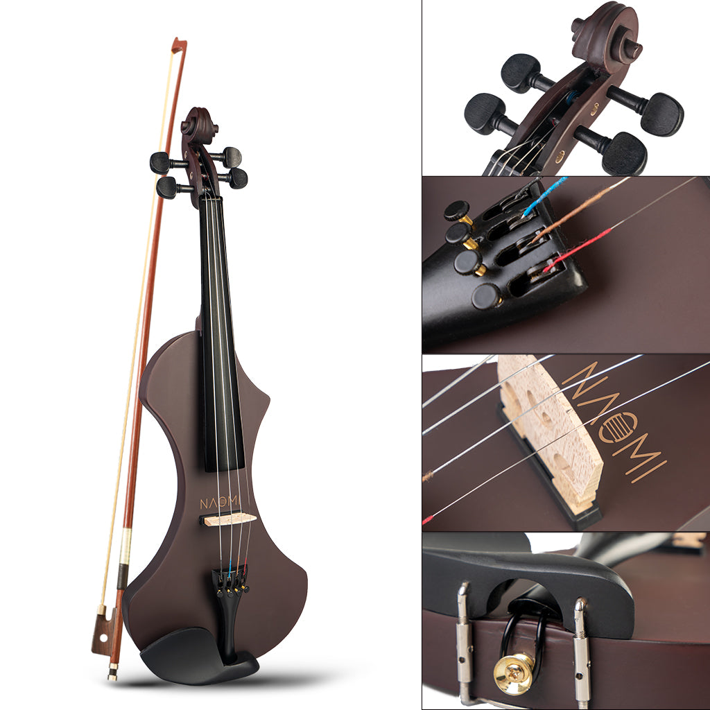 NAOMI 4/4 Full Size Electric Violin/Fiddle Set Slim Waist Shape W/ Brazilwood Bow+Audio Cable+Bridge+Violin Case For Beginner