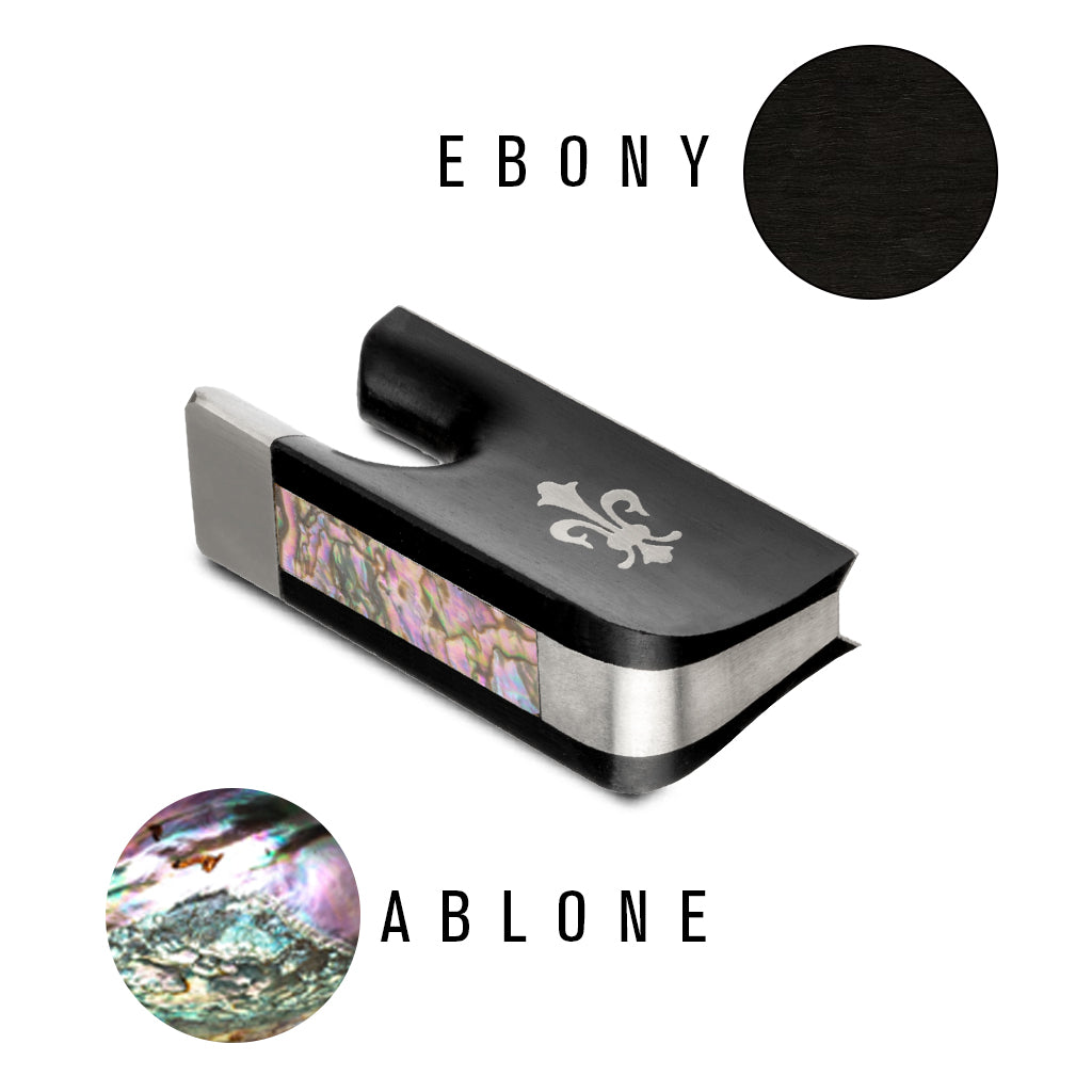 NAOMI Cello Bow Ebony Frog W/Fleur-de-lis Inlay & Abalone Slide Sterling Silver Mounted Ferrule Cello Bow