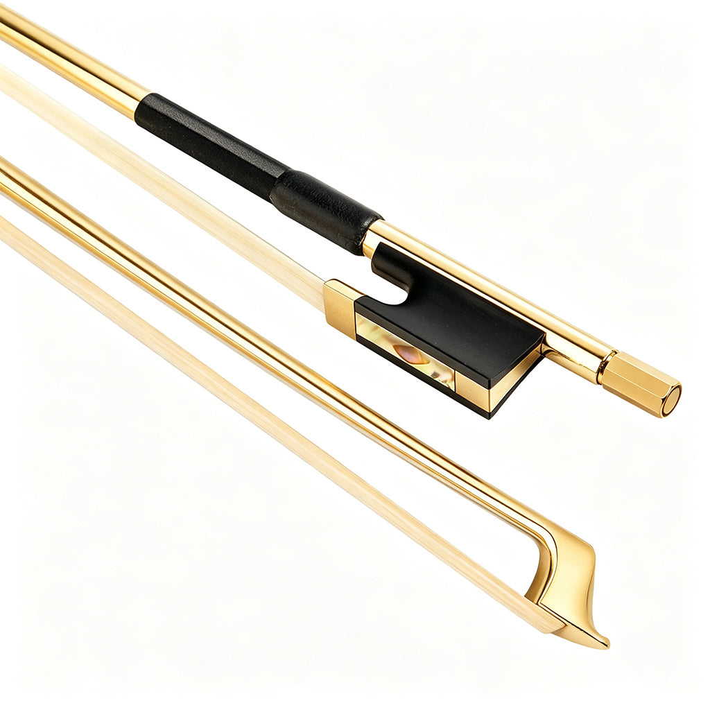 Luxury Gold Plated Violin Bow 4/4 Size – High Strength Carbon Fiber Core, Ebony Frog , Elegant Stage Look, Ideal Gift for Violin Players