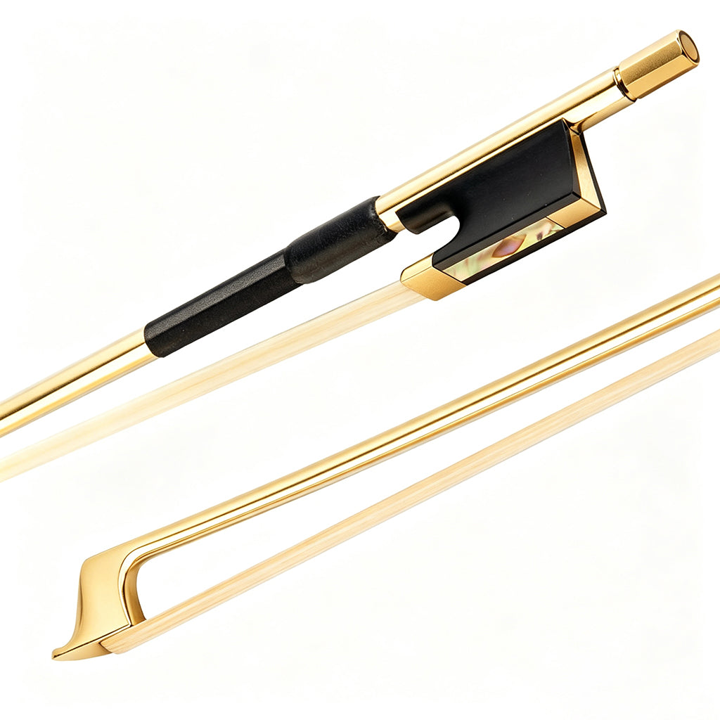 Luxury Gold Plated Violin Bow 4/4 Size – High Strength Carbon Fiber Core, Ebony Frog , Elegant Stage Look, Ideal Gift for Violin Players